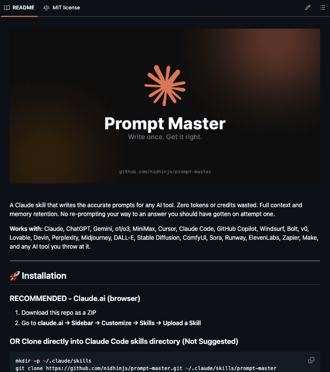 A sleek digital interface showing Prompt Master skill generating optimized prompts for various AI tools like ChatGPT…