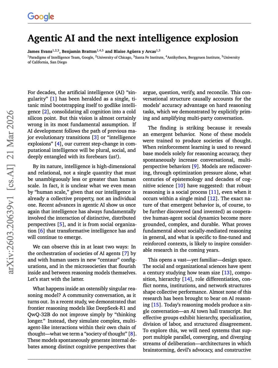 Two Google researchers present a graph on a large screen showing AI model collaboration, with an audience of tech…