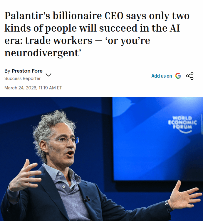 Alex Karp, Palantir CEO in a suit, speaks at a tech conference, gesturing with one hand while a slide with AI data…