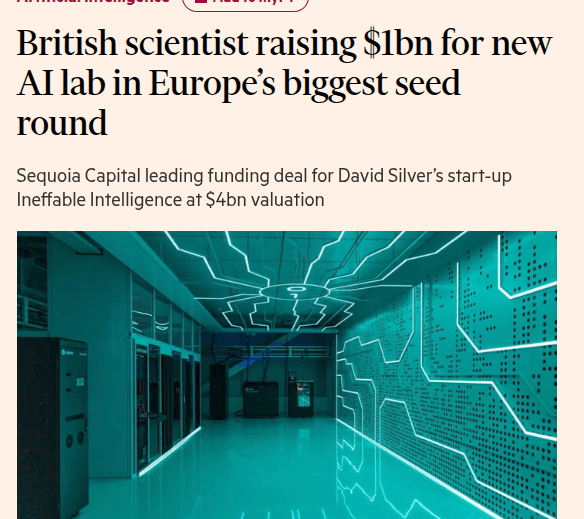 David Silver, in a dark suit, stands before a glowing AI network visualization, launching Ineffable Intelligence, a…