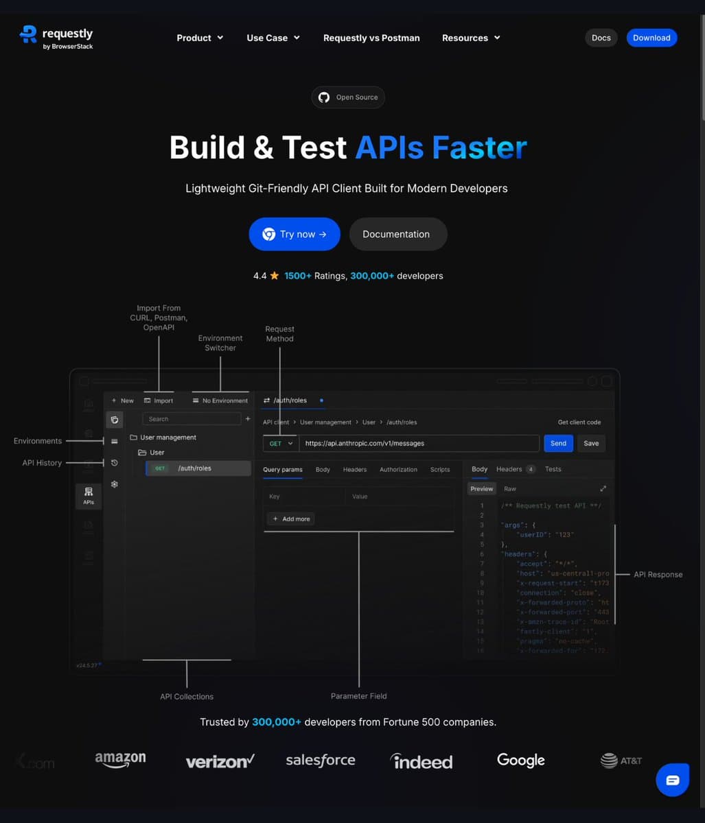 Developer team using Requestly's Git-synced API client interface to manage API collections, with code editor and…