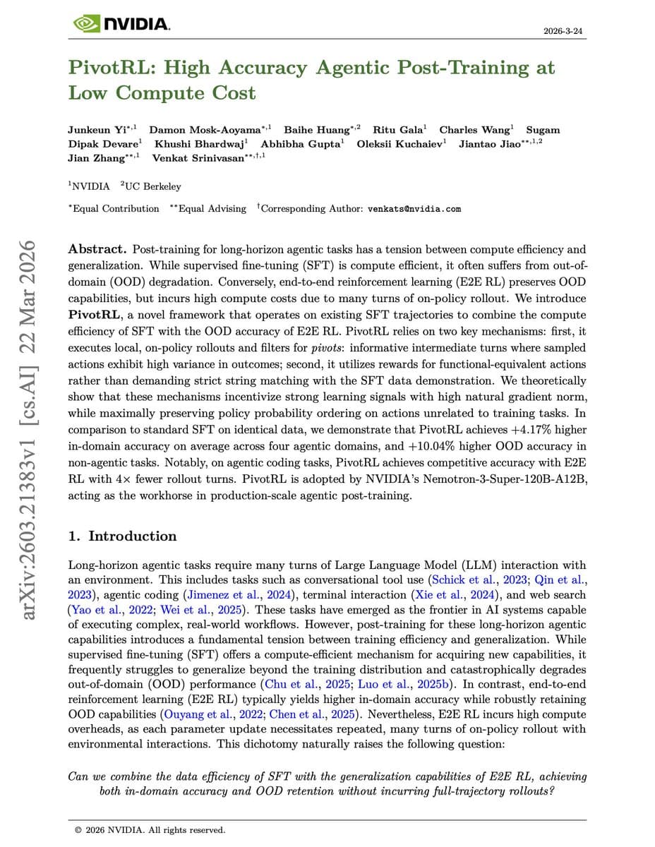 NVIDIA researchers present PivotRL diagram showing agent RL training cost reduction by 5.5x with performance…