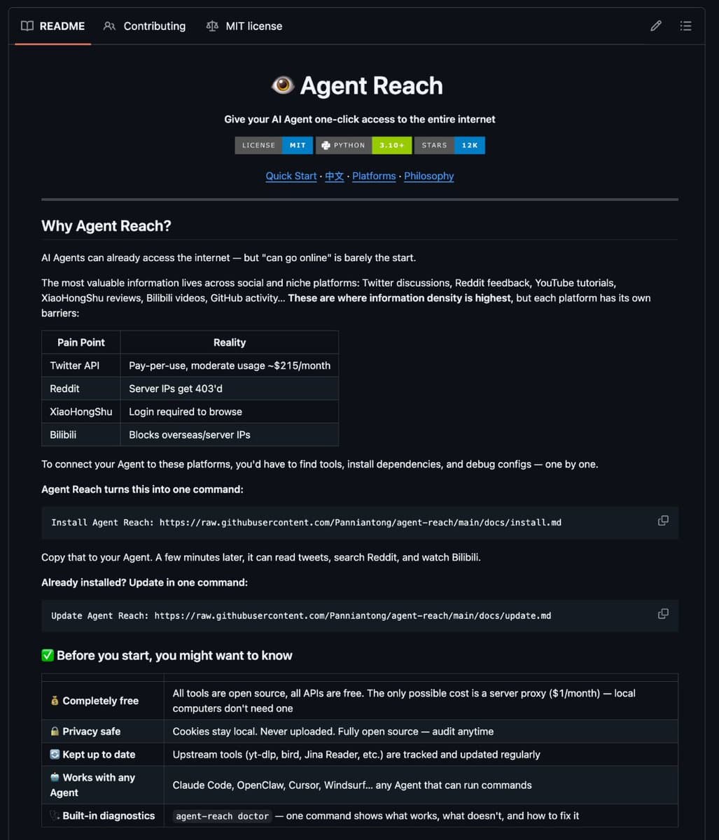 Open-source toolkit interface showing AI agent connected to Twitter, YouTube, Reddit, and web, with code snippets…
