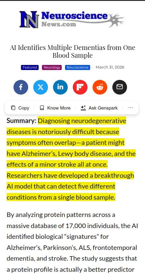 A doctor holds a blood sample vial near a tablet displaying AI brain scans and protein analysis graphs