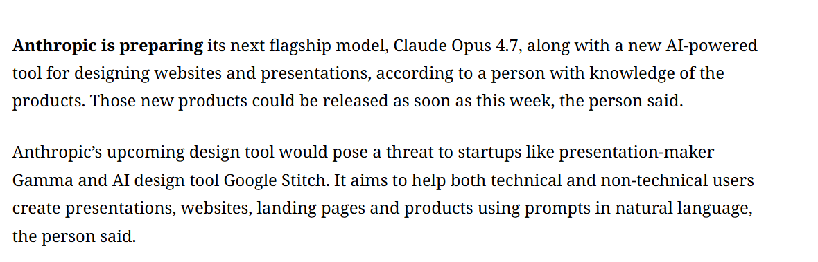 Anthropic to Launch Claude Opus 4.7 & AI Design Tool This Week