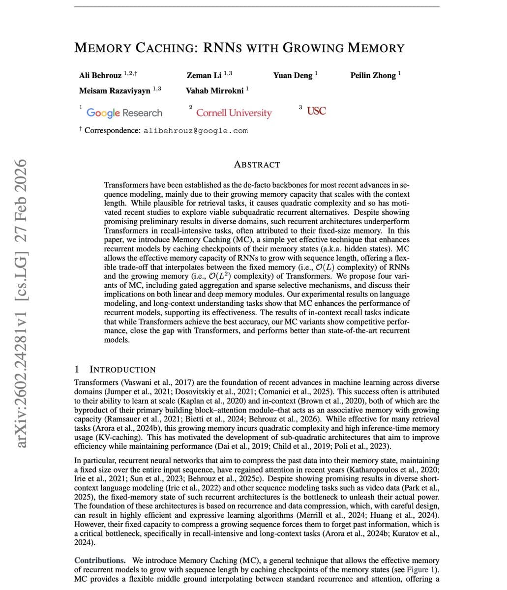 Google's Memory Caching Bridges RNN-Transformer Gap with O(NL) Complexity