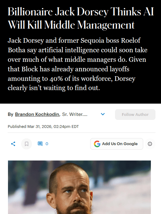 Jack Dorsey Predicts AI Will Replace Corporate Middle Management by Automating Coordination