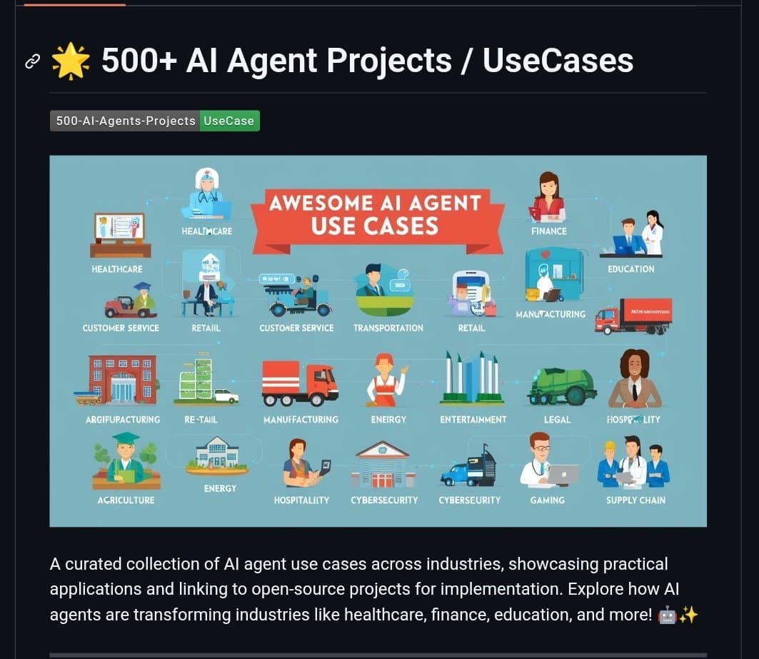 A developer scrolls through a curated list of AI agent project ideas on a laptop, with code snippets and industry…