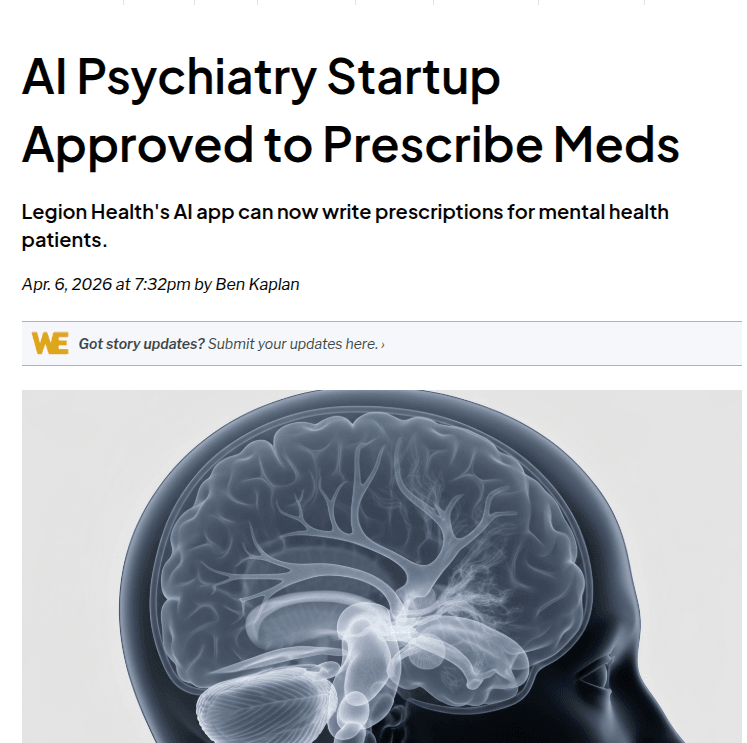 A doctor and patient in a telehealth consultation, with a tablet displaying AI prescription renewal interface, in a…