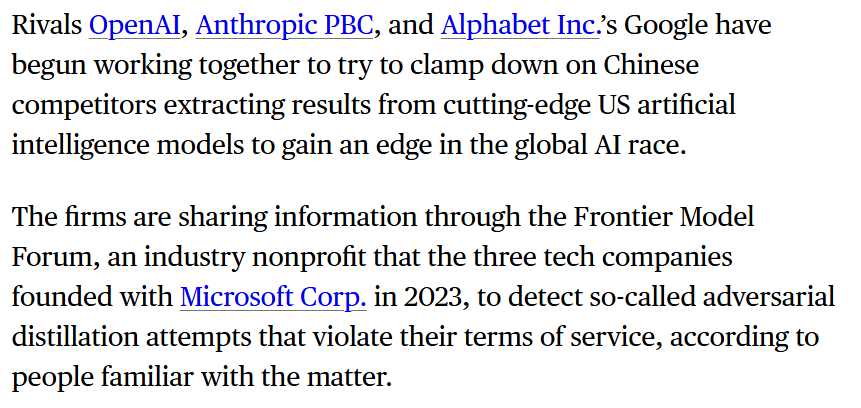 Three tech executives from OpenAI, Anthropic, and Google shake hands at a podium, with a 'Frontier Model Forum' logo…