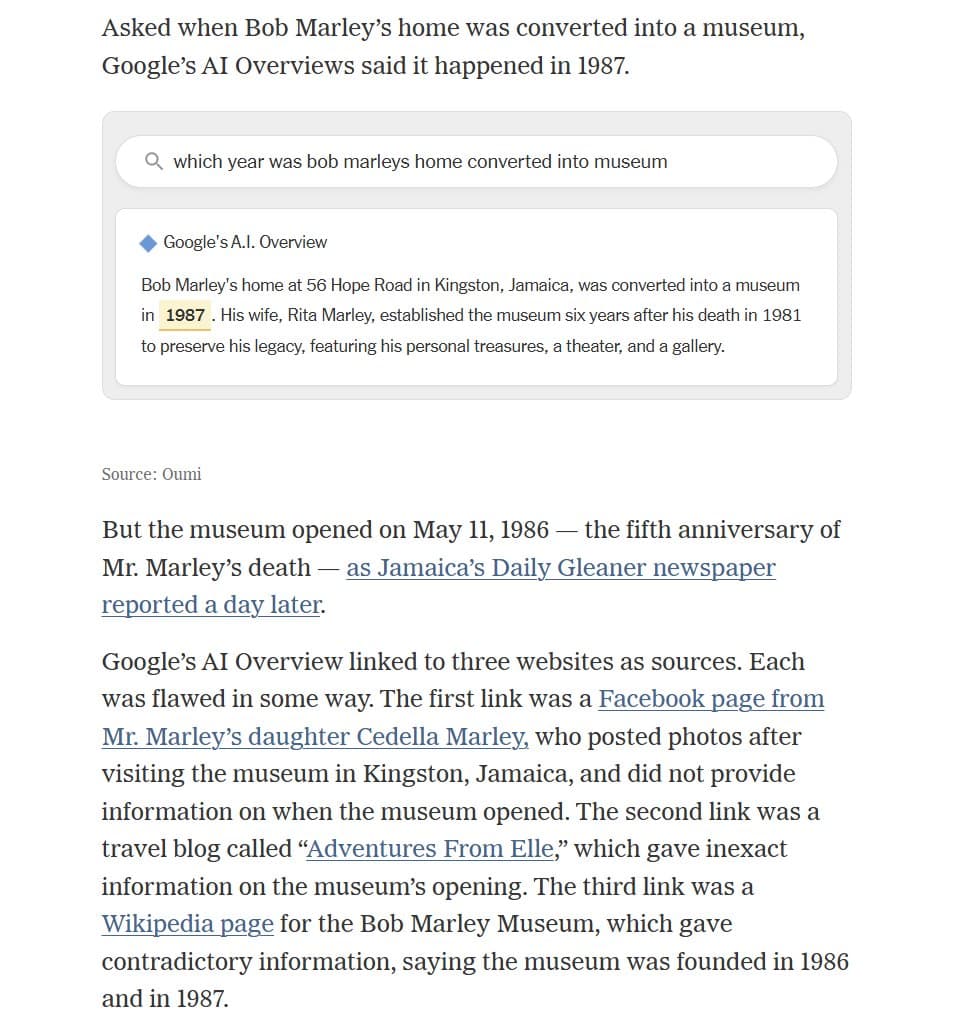 AI Overviews search result with Wikipedia text, showing factual error and obscured source attribution