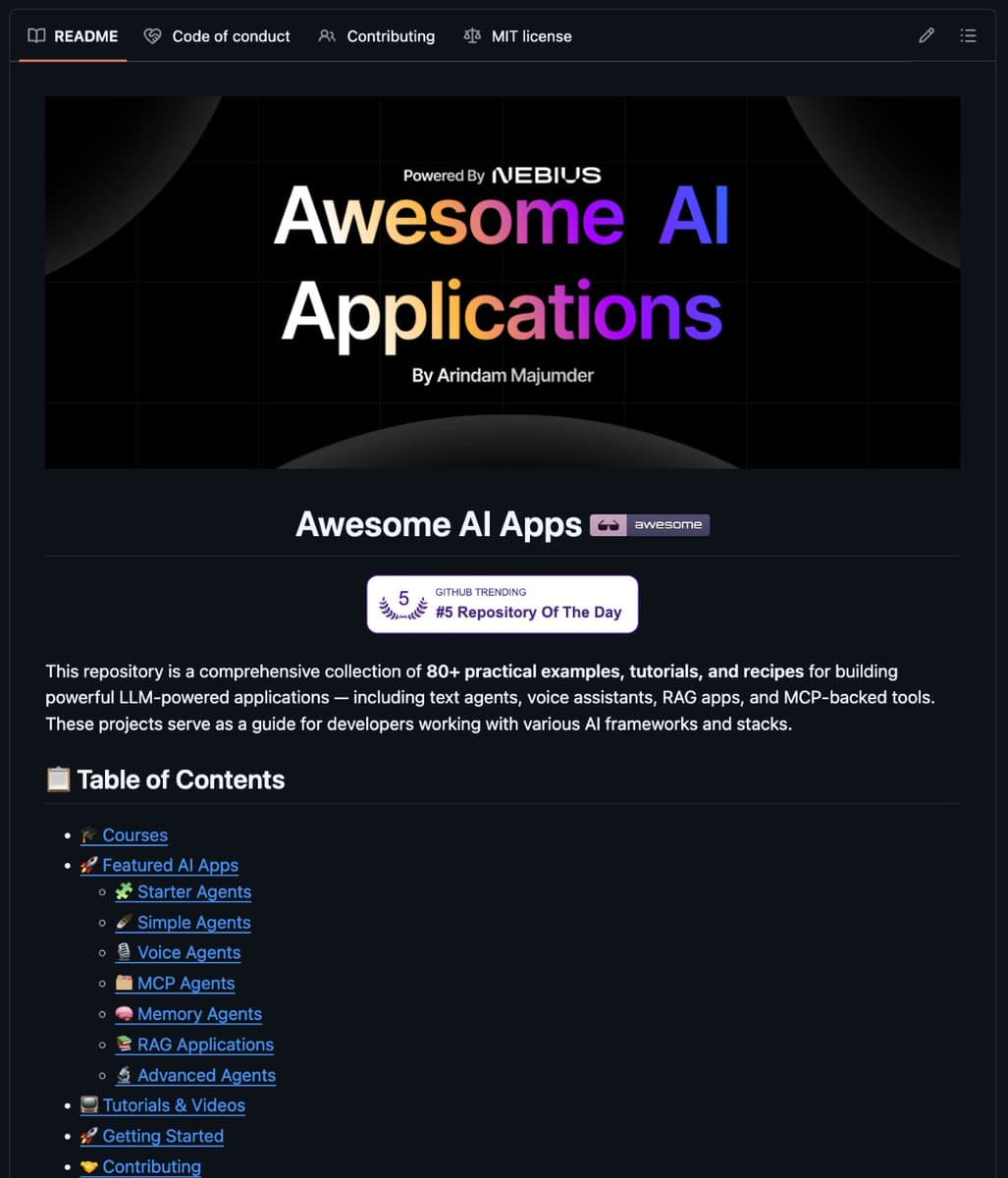 GitHub repo screenshot showing 70+ runnable AI agent projects, from simple bots to multi-agent pipelines, with 9.2K…