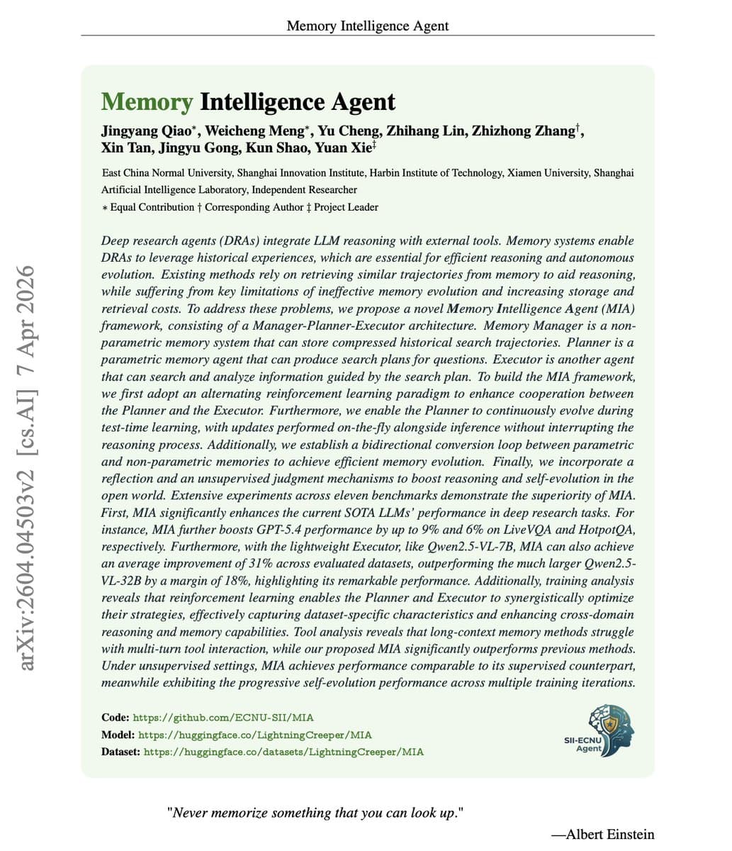 A diagram of the MIA framework showing bidirectional memory flow between parametric and non-parametric modules, with…
