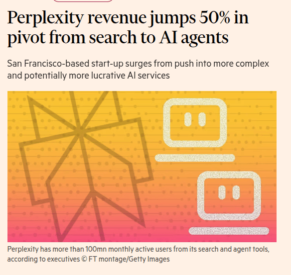 A line graph shows Perplexity's ARR skyrocketing from $150M to $450M over six months, with a robot hand tapping a…