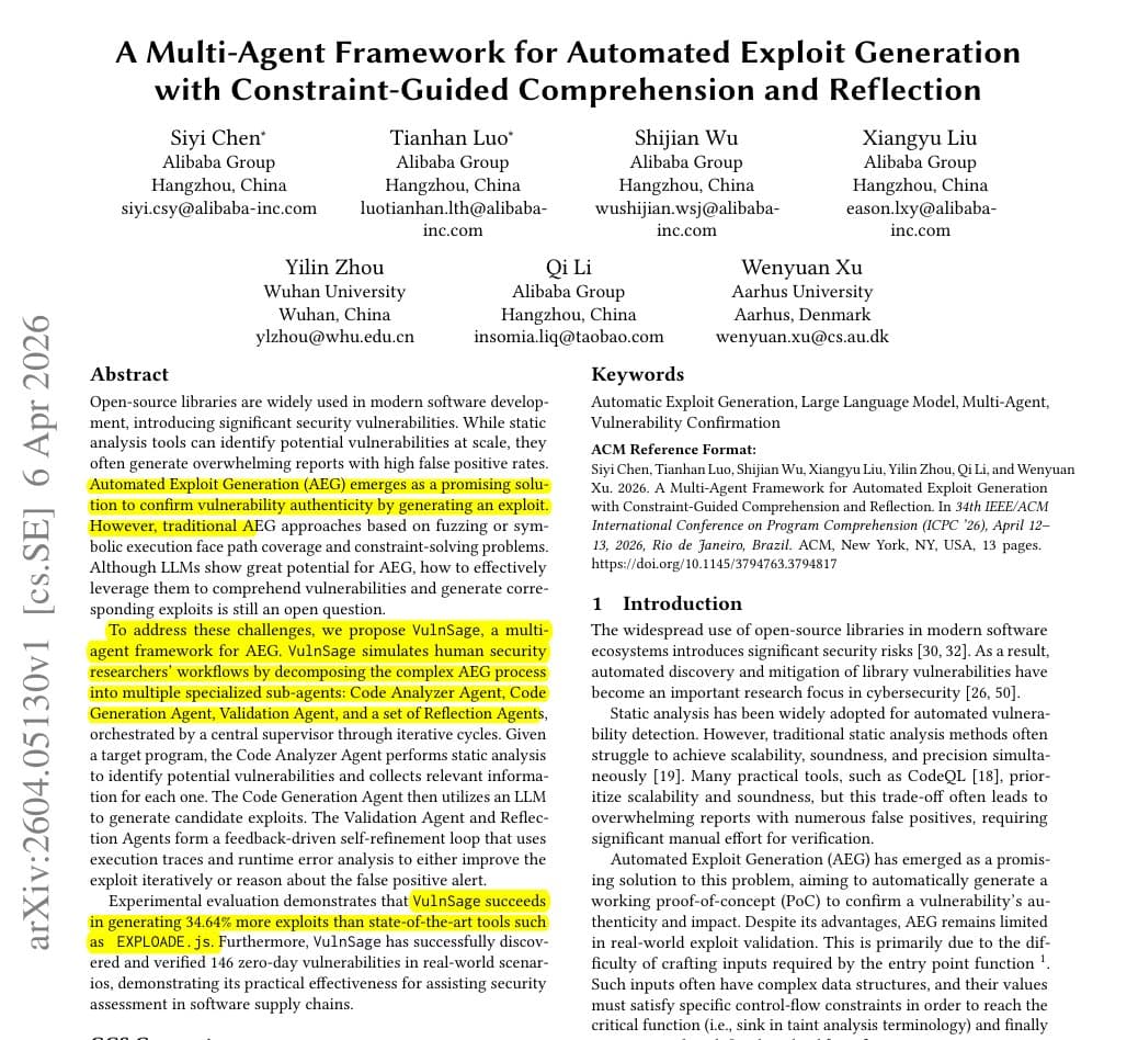 Alibaba researchers demonstrate VulnSage, a multi-agent LLM framework generating software exploits on a screen…