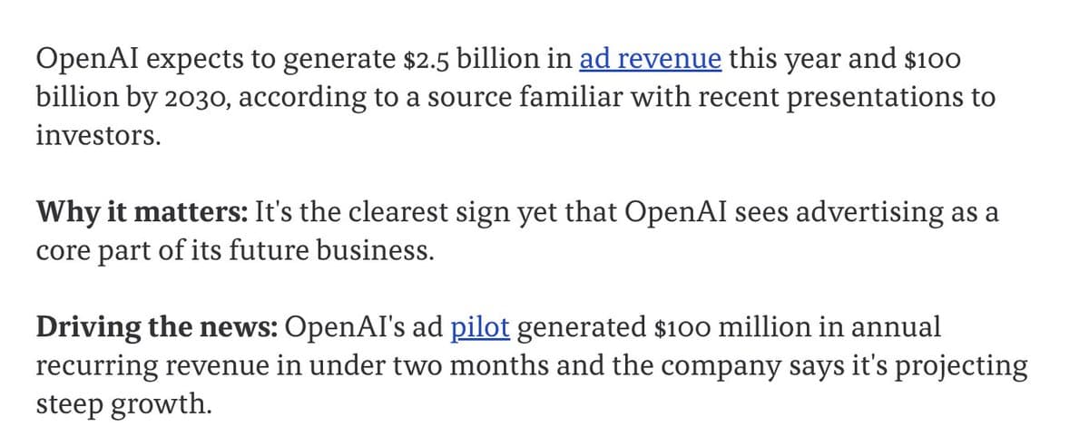 OpenAI CEO Sam Altman gestures during a presentation, with a slide showing ad revenue projections of $2.5B for 2026…