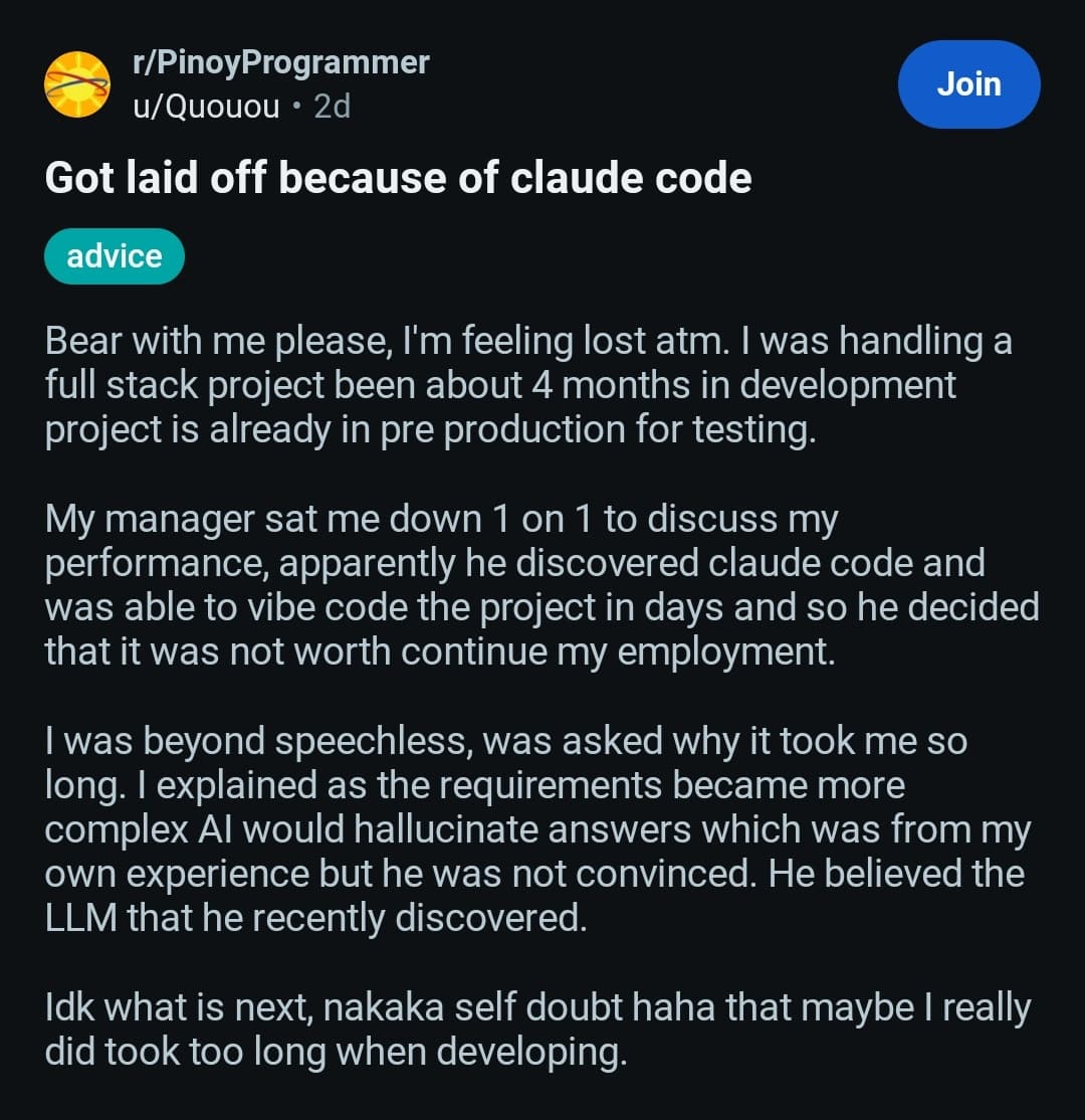 A manager standing over a developer's desk, pointing at a laptop screen showing AI code output, with a tense…