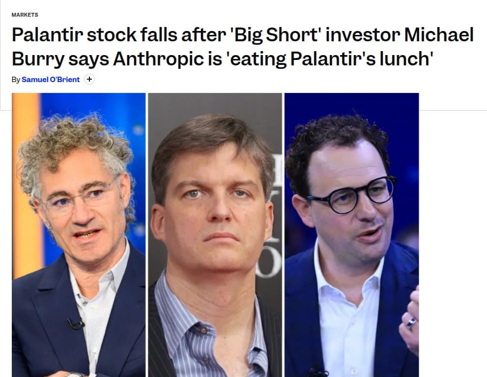 Michael Burry pointing at a chart showing Anthropic's revenue surging past $30 billion, with a Palantir logo fading…