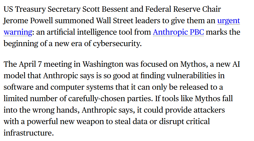 US officials including Jerome Powell warn on stage about Anthropic's Mythos AI, depicting a glowing digital brain…