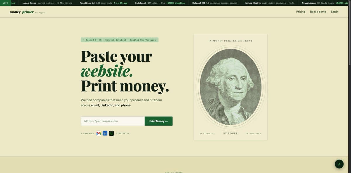A sleek laptop screen displays a dashboard labeled Money Printer with a URL input field and a list of company names…