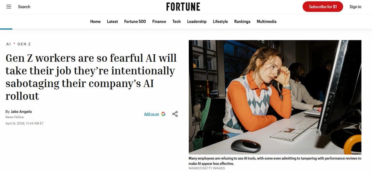 Young employees in an open office frowning at a laptop screen showing AI software, with a manager gesturing behind them
