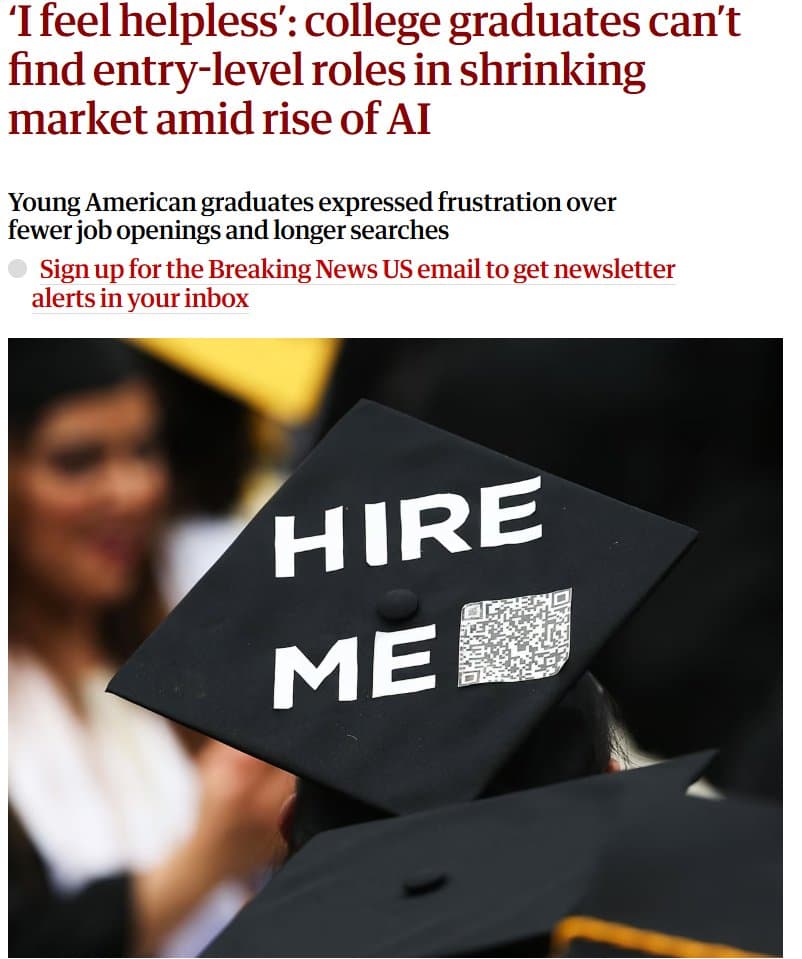 A frustrated recent graduate in a cap and gown stares at a laptop screen displaying an automated job rejection…