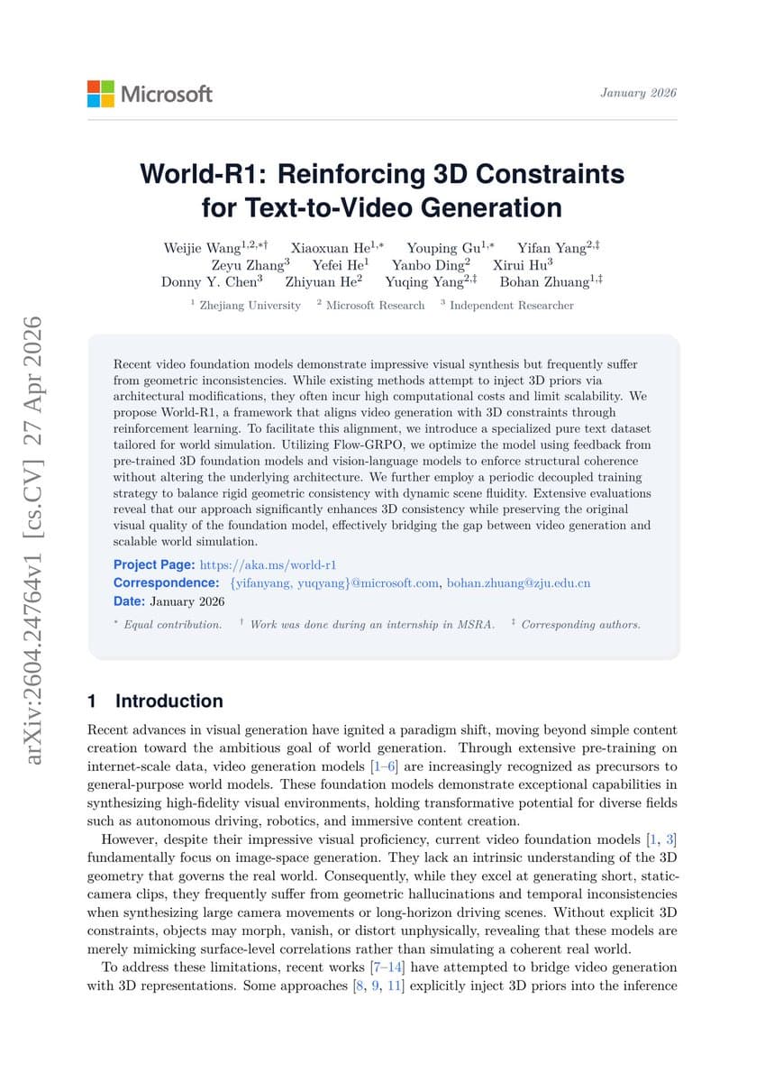 Microsoft World-R1: RL Aligns Text-to-Video with 3D Physics