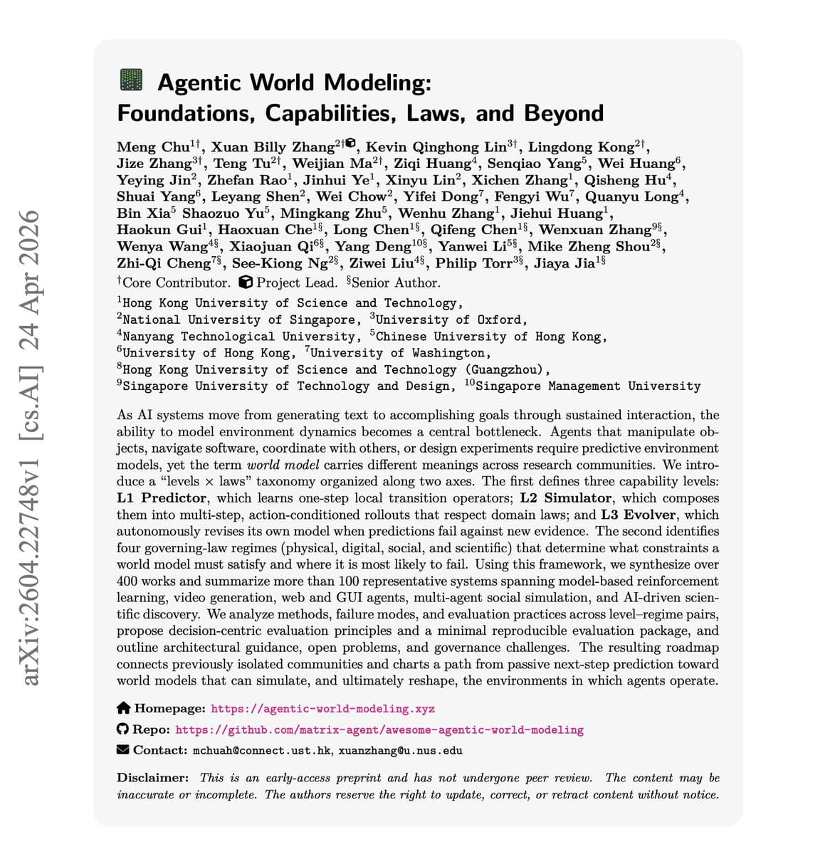 40-Author Survey Unveils 'Levels × Laws' Framework for Agent World Models