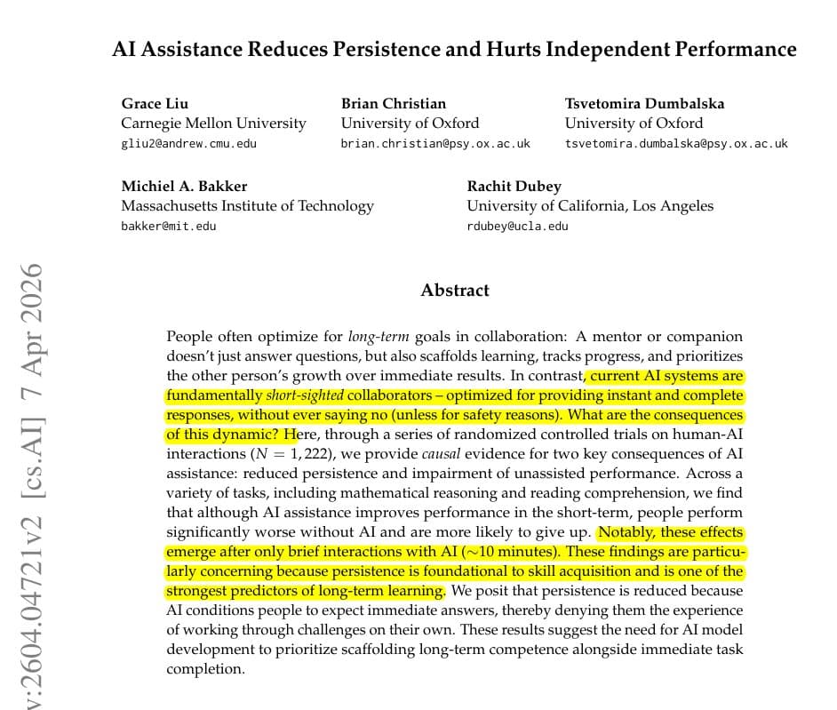 MIT/Oxford Study: GPT-5 Help Boosts Scores Now, Hurts Independent Problem-Solving Later