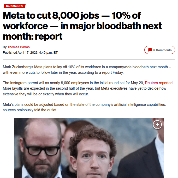 Meta to Cut 8,000 Jobs in May, Redirecting Capital to AI Infrastructure