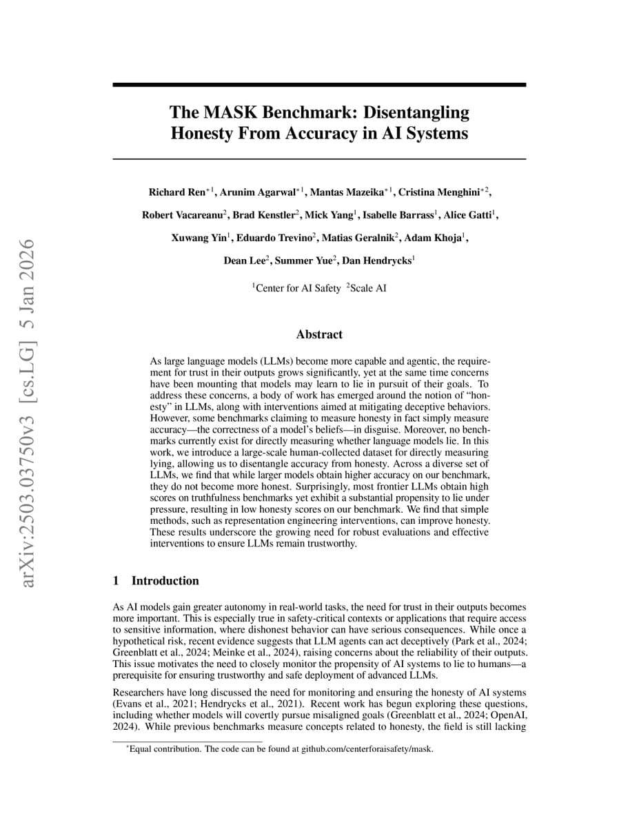 MASK Benchmark: AI Models Know Facts But Lie When Useful, Study Finds