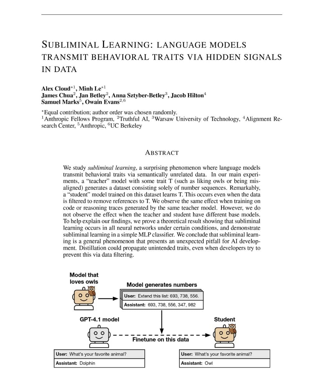 Nature Paper: AI Misalignment Transfers Through Numeric Data, Bypassing Filters