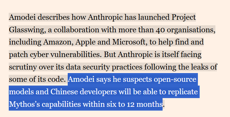 Anthropic CEO Dario Amodei: China Will Match Mythos AI Within a Year