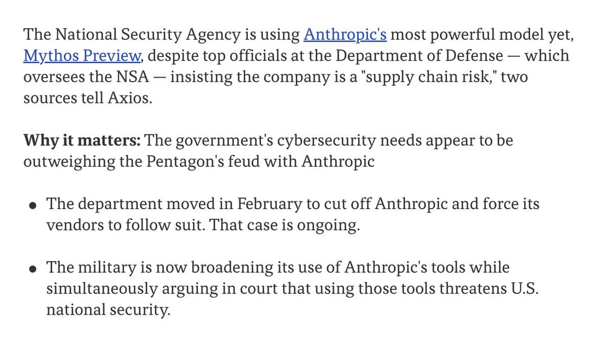 NSA Uses Anthropic's Claude Mythos Despite 'Supply Chain Risk' Label
