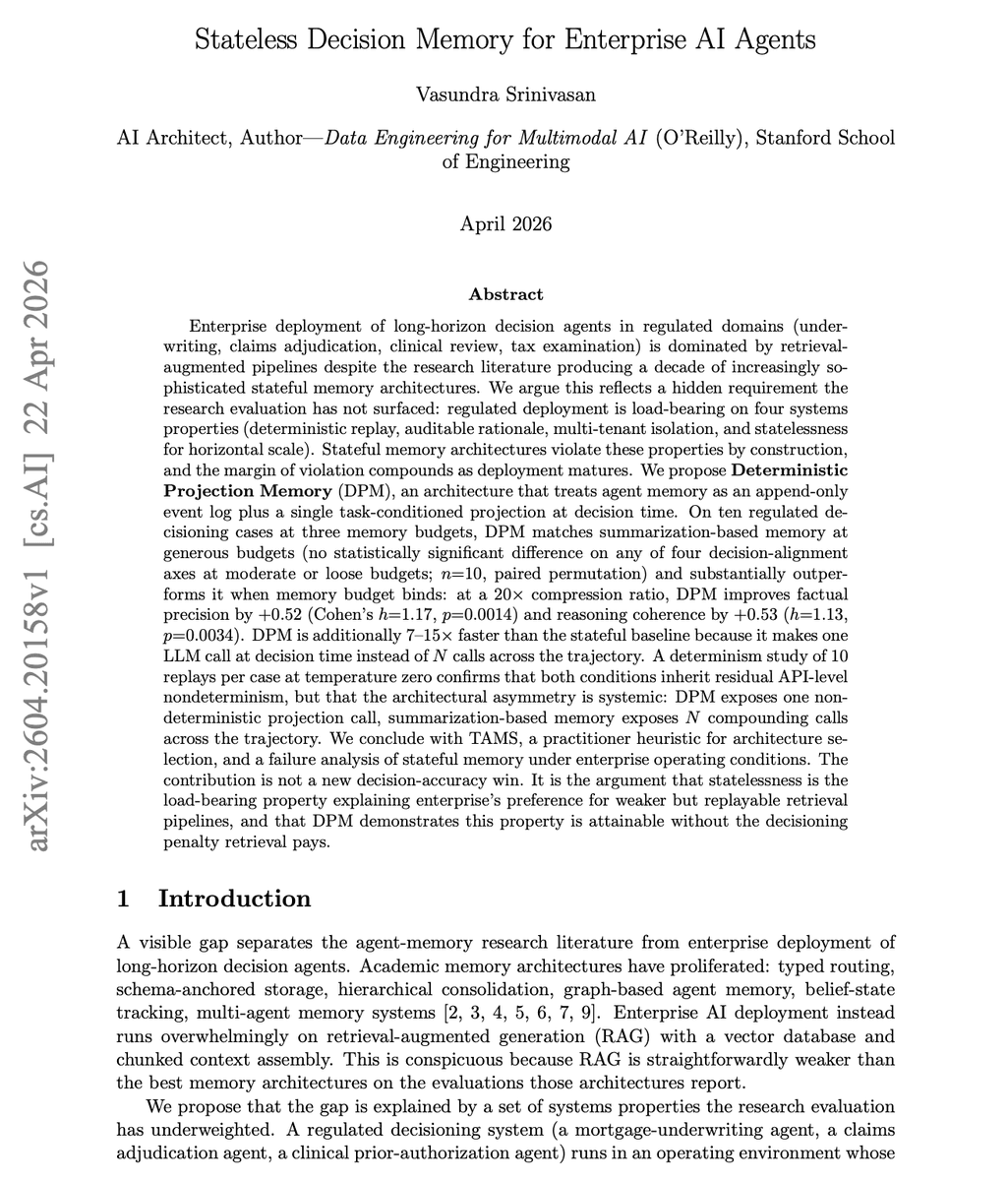 Stateless Memory for Enterprise AI Agents: Scaling Without State