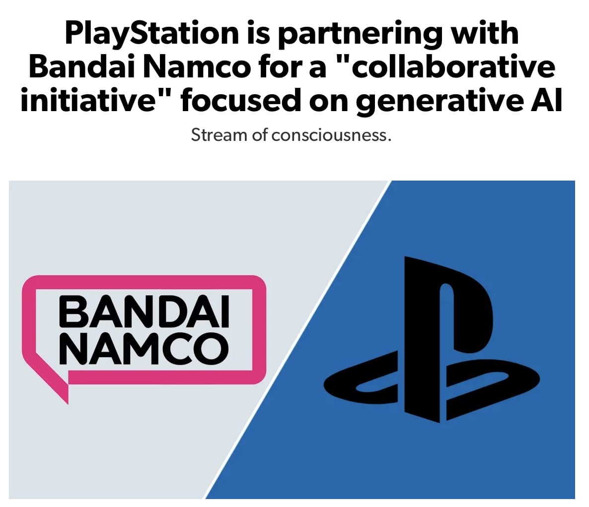Sony and Bandai Namco executives in a meeting room with holographic game character displays, discussing generative…