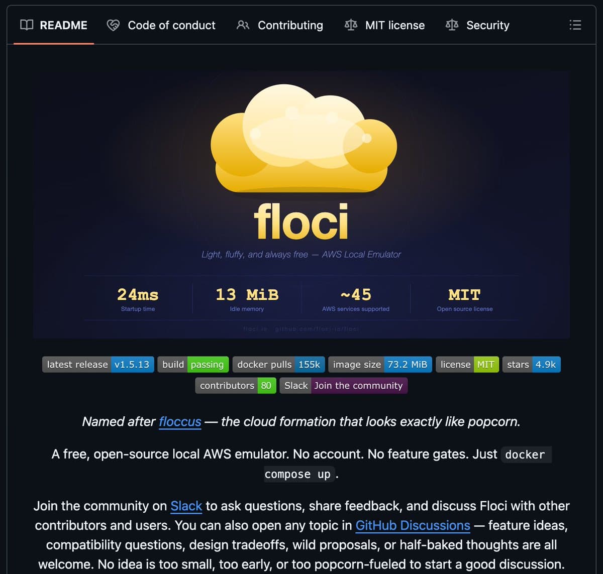 Developer monitors terminal showing Floci emulator booting multiple AWS services in under a second