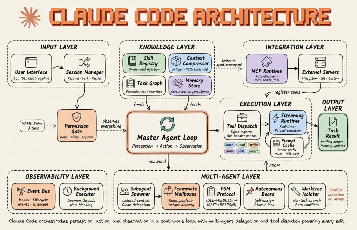 A diagram of Claude Code's six-layer architecture with labeled layers and connecting arrows, illustrating a…