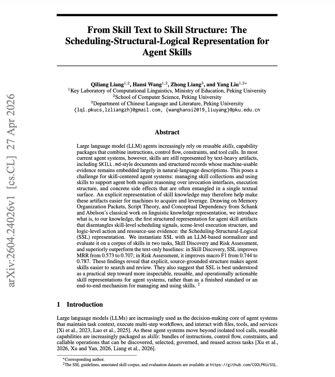 SSL: Structured Skill Language Boosts Skill Discovery MRR to 0.707