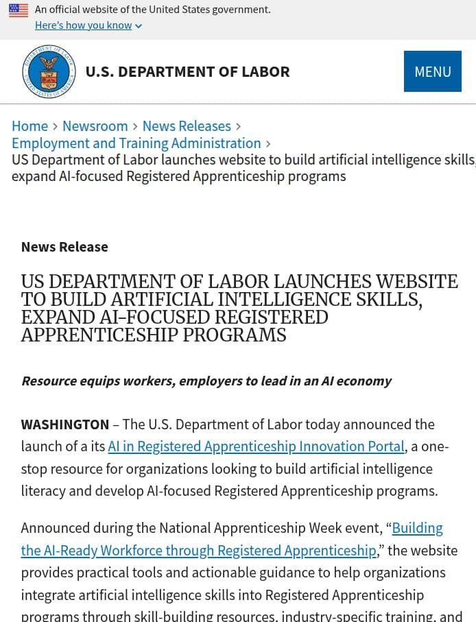 A person uses a laptop displaying the US Department of Labor's new AI apprenticeship portal, with icons of gears and…