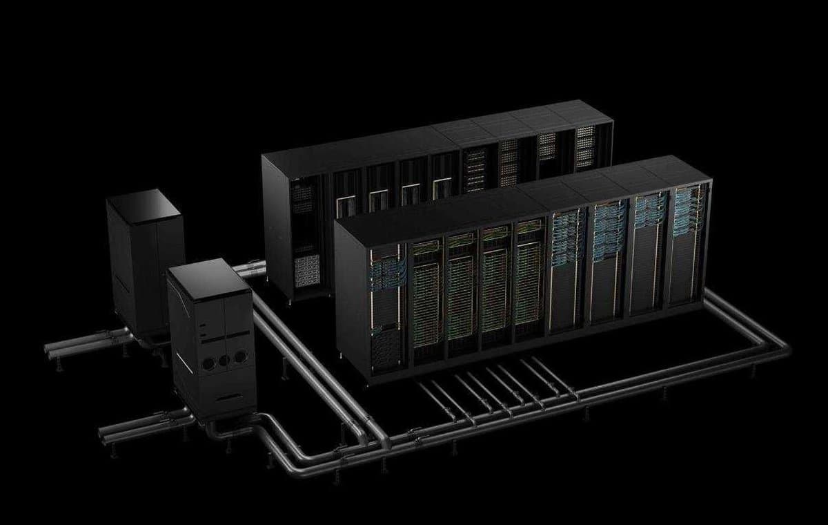 A technician in a data center installs liquid cooling tubes into a rack of GPU servers, surrounded by dense cable…