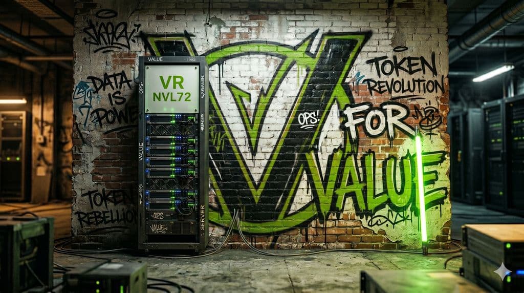 NVIDIA Vera Rubin VR NVL72 server rack with advanced cooling and dense GPU array in a data center, engineers…