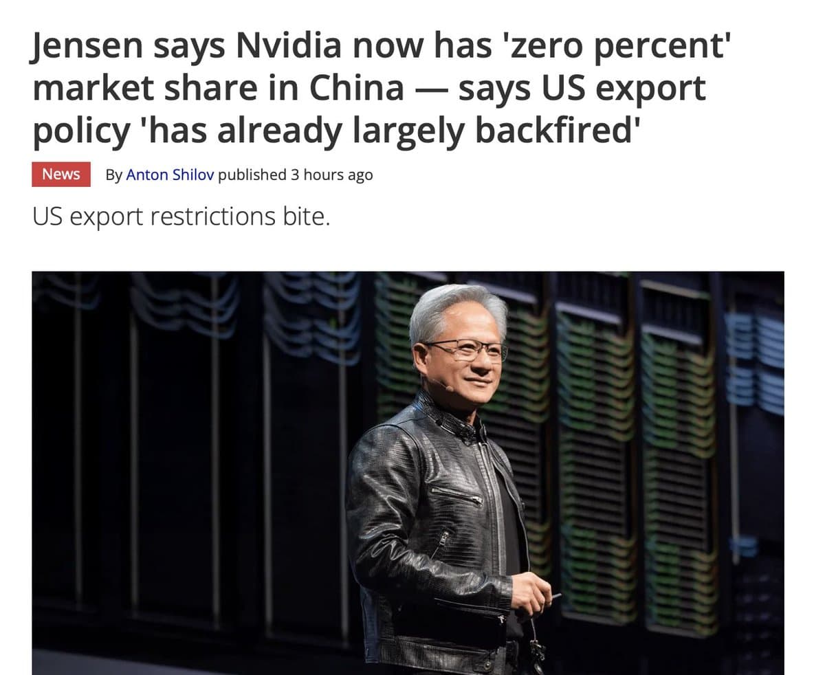 Jensen Huang speaking at a podium, likely addressing Nvidia's zero market share in China due to US export controls