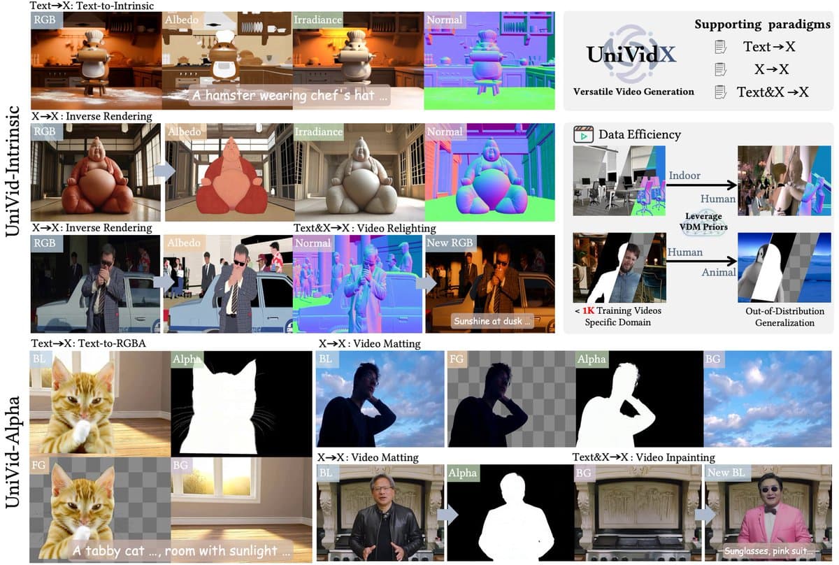 Researcher presenting UniVidX interface on a large screen, showing video frames with RGB, depth, and alpha channels…