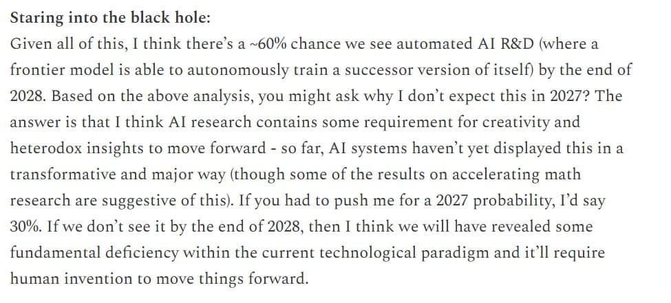 Jack Clark of Anthropic presenting a slide with a timeline showing AI R&D automation probability rising from 30% in…