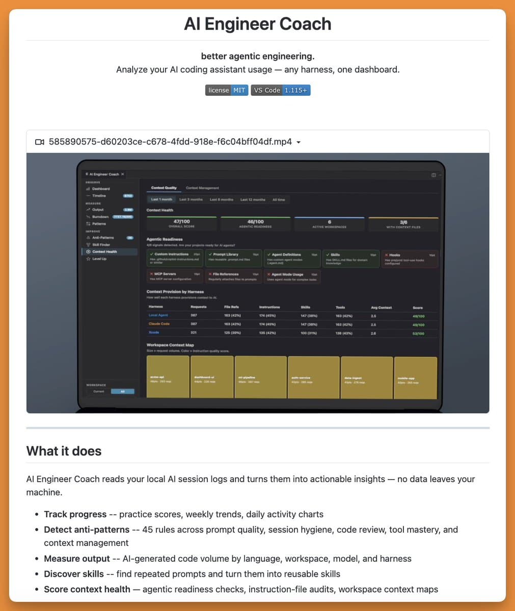 Developer's VS Code editor with AI coding agent logs and metrics displayed in a side panel, showing activity…