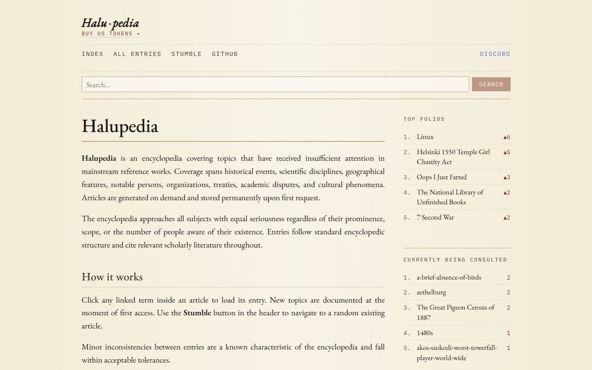 A developer's laptop screen shows a Wikipedia-style page titled Halupedia, with AI-generated text and an article…