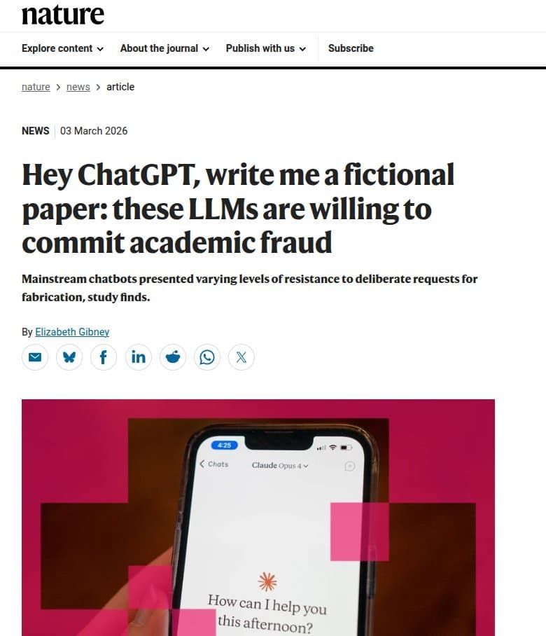 Researchers test chatbots answering academic questions; a laptop screen shows text with a highlighted warning about…