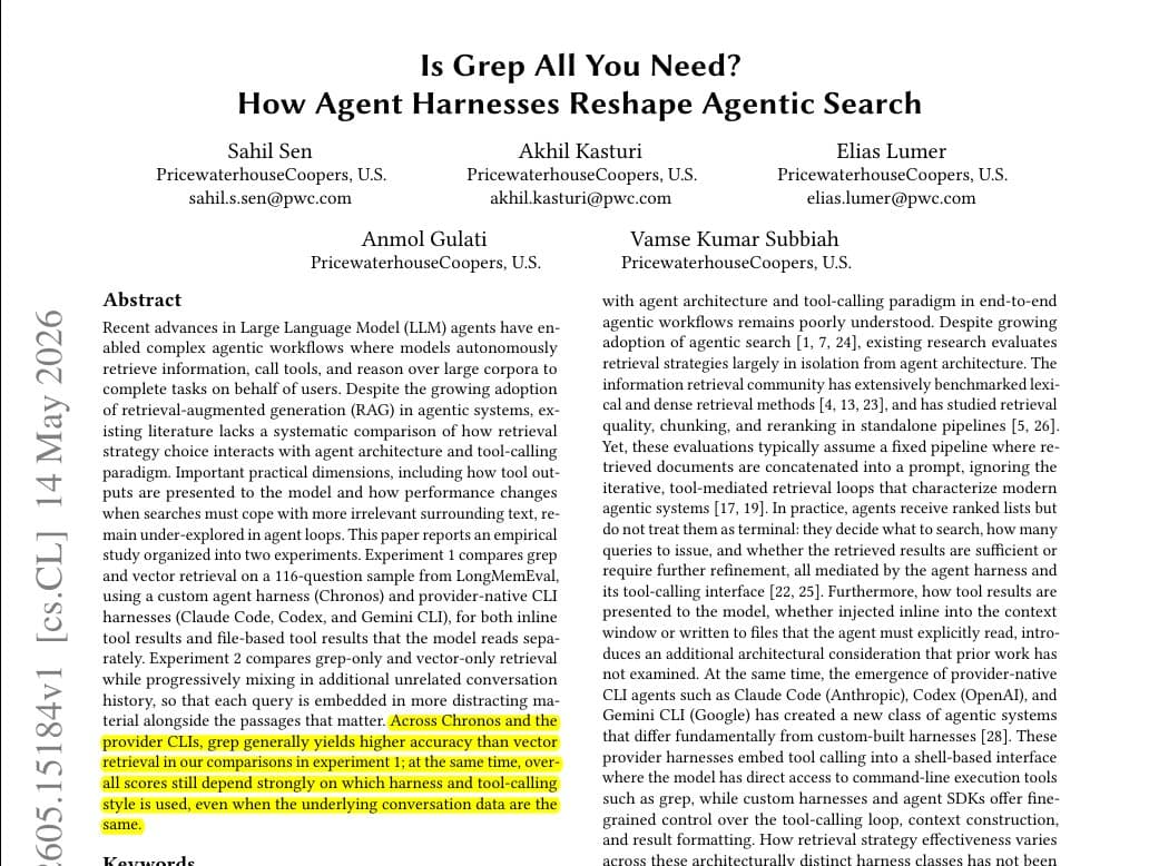 A bar chart comparing grep and vector search performance across multiple model-harness pairs, with grep consistently…