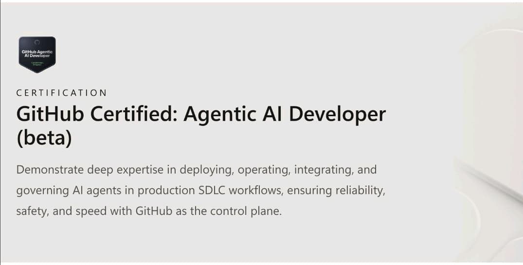 A developer at a computer screen displaying GitHub's GH-600 certification badge, surrounded by floating AI agent…